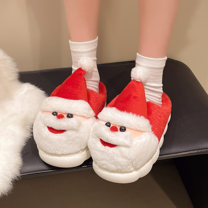 Slippers for Women, Cross-Border Ready-Made Thick-Soled Non-Slip Couple's Cotton Slippers for Home Use Santa Claus Furry Slippers