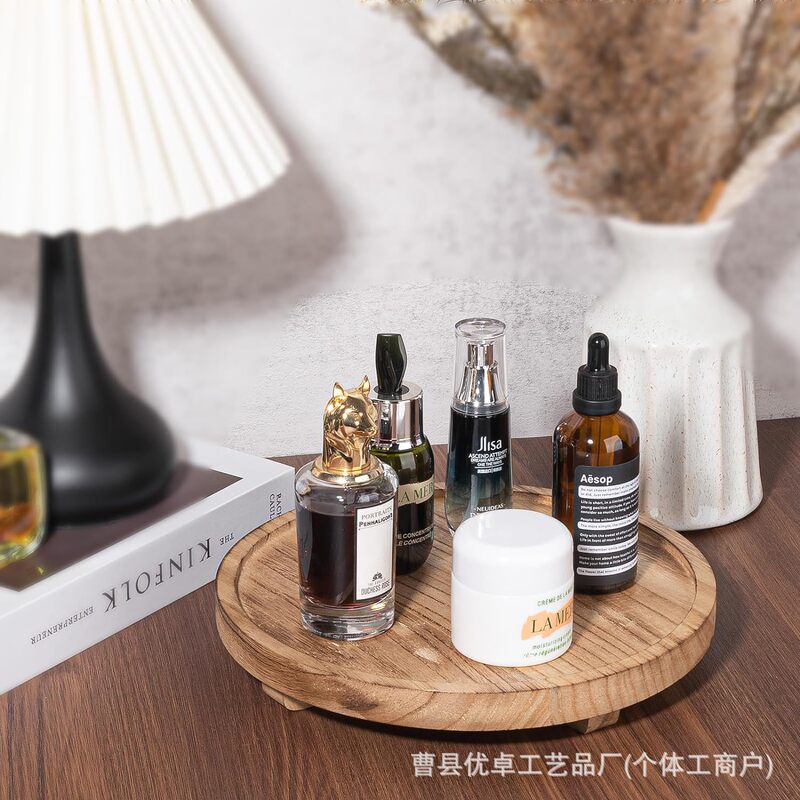 现货实木烧色圆形香薰托盘桌面化妆品摆放架木质高脚蜡烛托盘底座|undefined