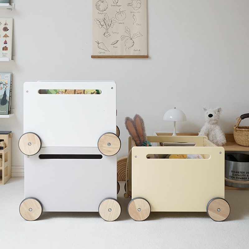 Jardín de infantes de niños de madera carro de juguetes caja de almacenamiento de libros móviles estante de almacenamiento mayorista