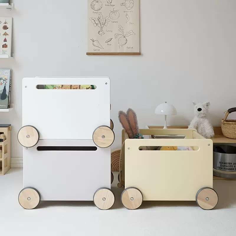 幼儿园儿童木制家用小推车绘本玩具收纳盒可移动书架置物架批发