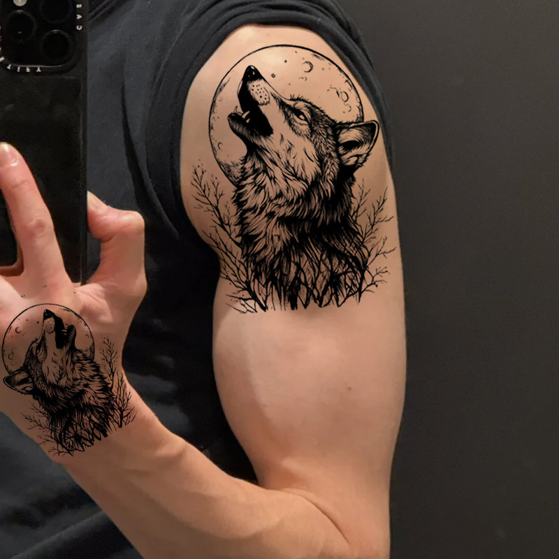 Cross-Border European and American Wolf Head Herbal Tattoo Stickers Waterproof Men and Women High-End Black Juice Temporary Semi-Permanent Stickers