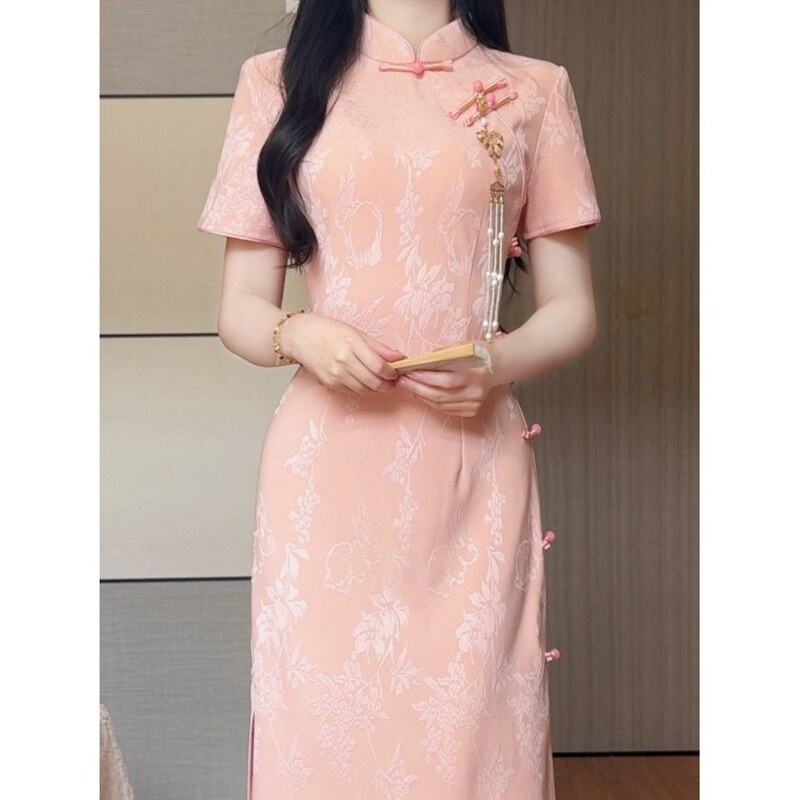 Matcha 2025 Spring and Summer New Pink Jacquard Improved Cheongsam Elegant Girl New Chinese Dress