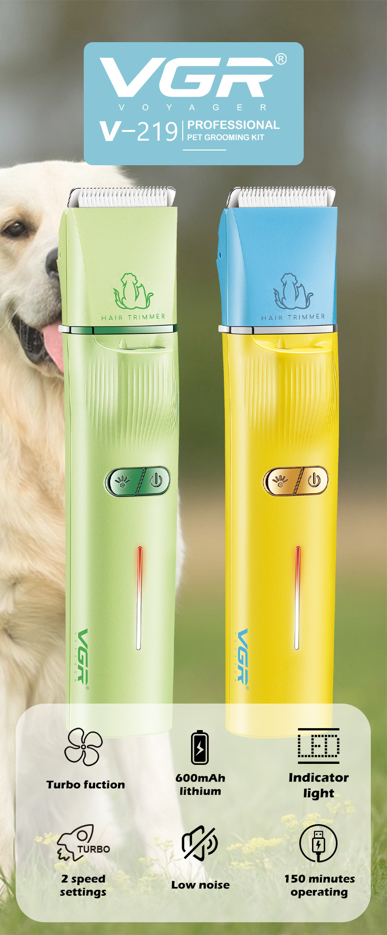 Tondeuse à poils d'animaux VGR219 : tondeuse électrique multifonctionnelle pour chats et chiens, ultra silencieuse, avec tondeuse dédiée aux poils des pattes._voghion.com