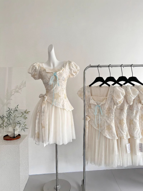 「Xinxing」Blovlan Sweet Summer フェイクツーピース スクエアネックデザイン メッシュスプライシング スイートリボン|undefined
