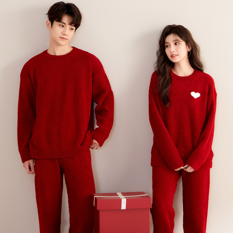 Red colored velvet keep warm coral pijama for men and women