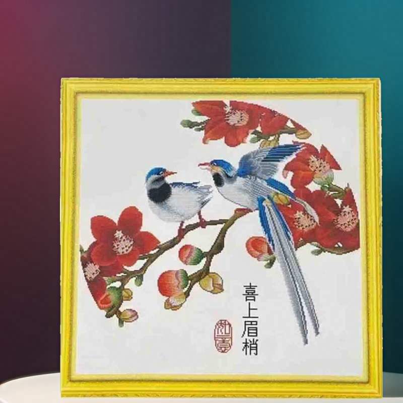 Punto de cruz real Mona Lisa con flor de ciruelo y urracas, sin contorno, 33 colores, bordado a mano chino simple.