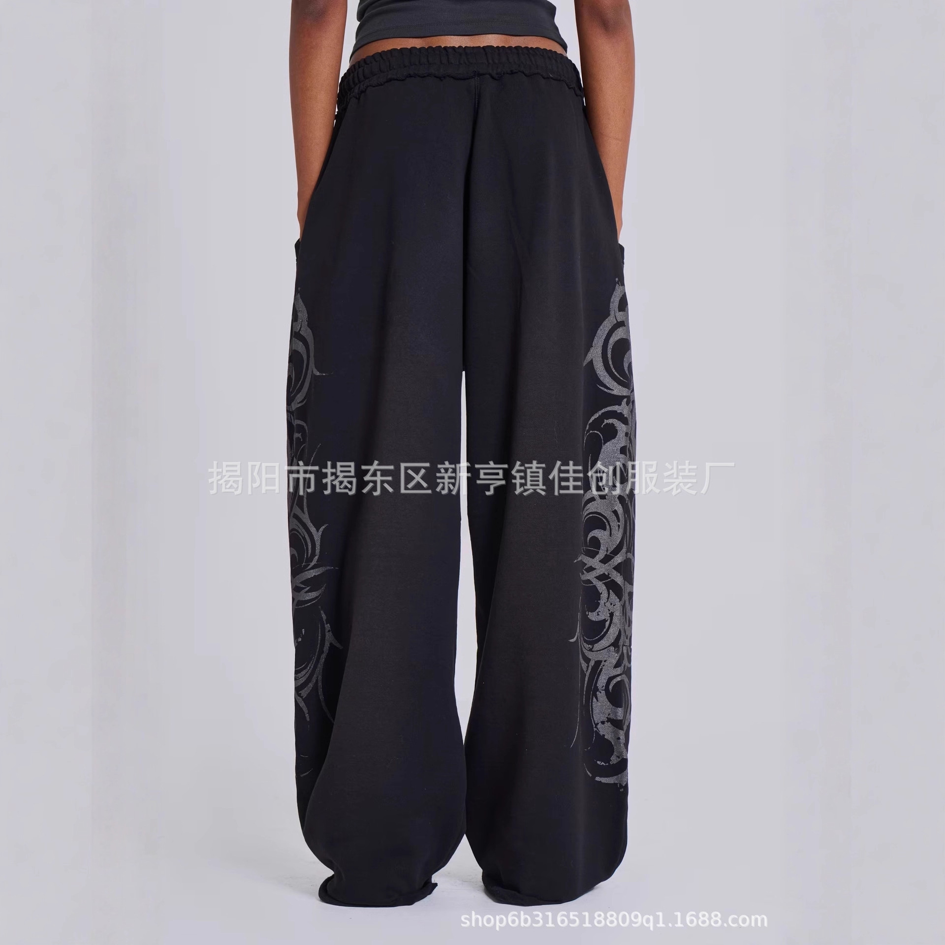 潮流外贸直销新款美式复古水洗设计休闲裤子宽松个性花纹直筒裤子