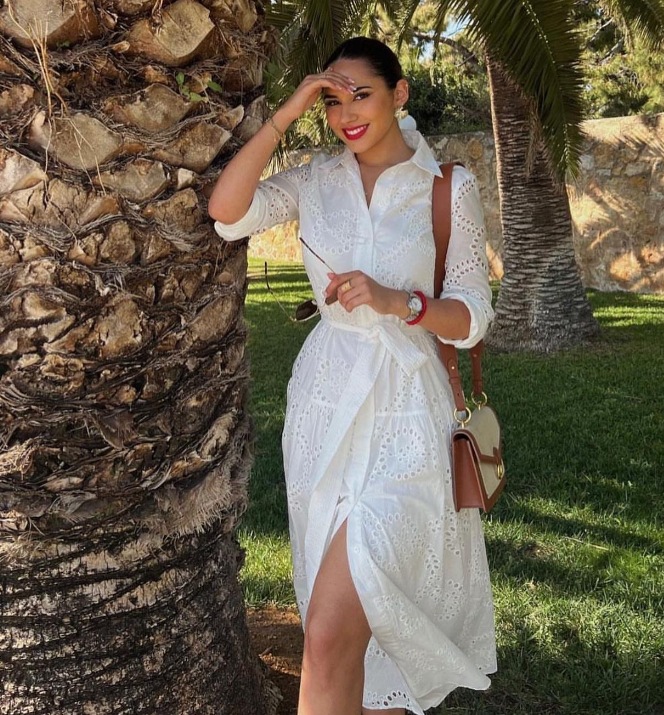 Slim Fit Type Wholesale Women's Elegant Flower Holiday Daily Turndown Nine Points Sleeve White Dress