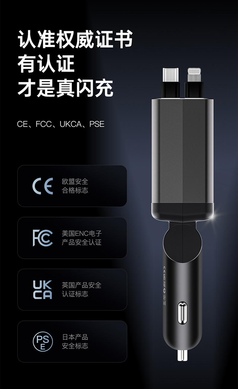 120W Gan Car Charger with USB Cigarette Lighter Port, Retractable Cable, One-To-Three Fast Charging for Car Use