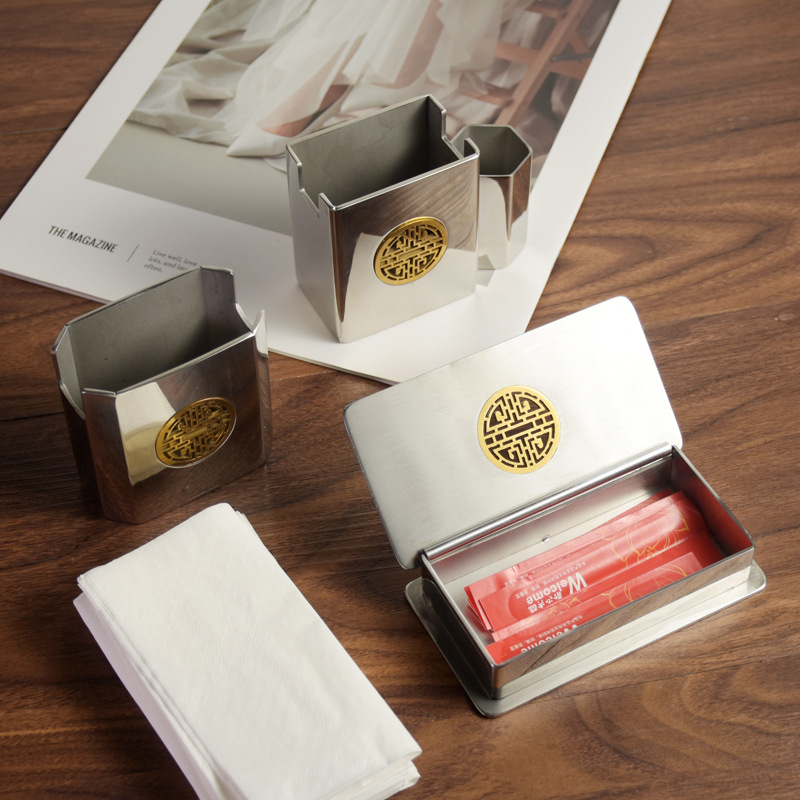 新中式轻奢不锈钢长方形牙签盒创意小纸盒牙签筒牙签杯牙线收纳盒