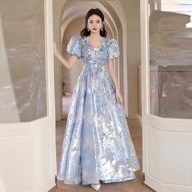 蓝色晚礼服裙2025新款法式重工主持礼服高定艺考年会宴会礼服秋季