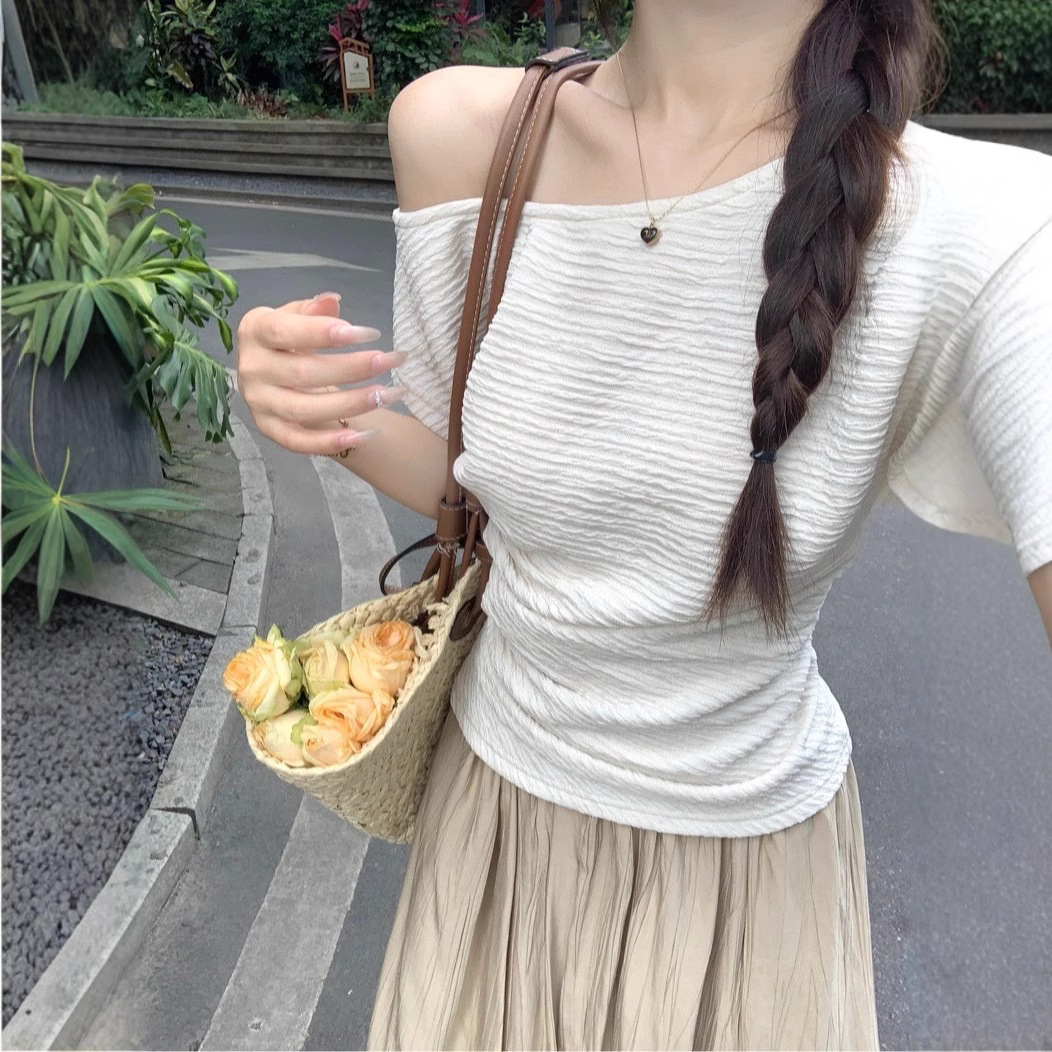 Irina Beware Pleated Shoulder Short-sleeved Shirt Summer Korean-style Slim-fit Slim-fit All-match Top for Women