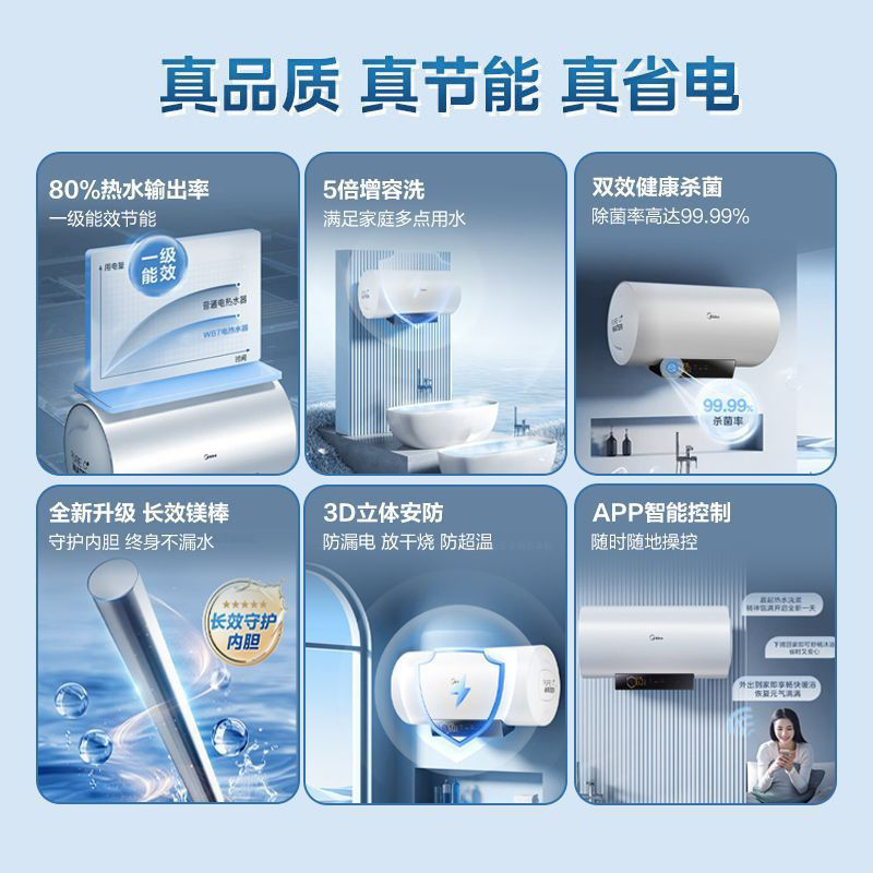 Midea electric water heater for home use, with automatic shut-off when water runs out, energy-saving, intelligent control, 50 liters, 60 liters, 80 liters, others