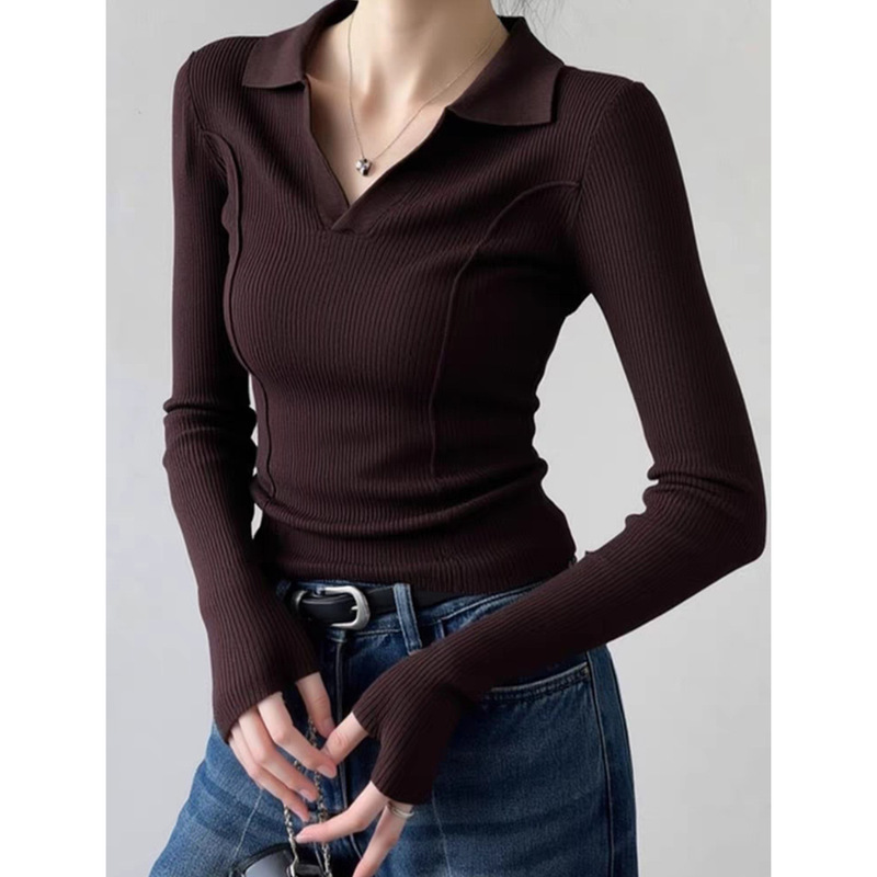Maillard Coffee Color Polo Shirt Lapel Knitted Bottoming Shirt Women's Autumn and Winter Sweater with Elegant Slim Long-Sleeved Top