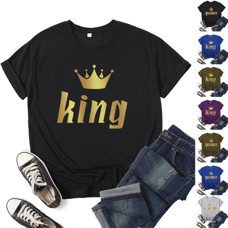 in stock foreign trade cross-border king queen printed short sleeve round neck T-shirt European and American men's and women's top T-shirt