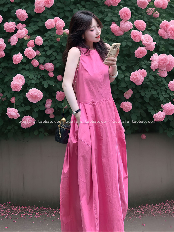 法式多巴胺玫粉色无袖背心连衣裙女夏季大码胖mm宽松收腰显瘦长裙|undefined