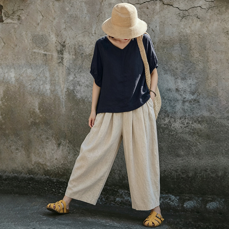 Su Ting 100% Linen V-Neck Short Blouse for Women with Batwing Sleeves, Lazy Style, Embroidered, Loose Fit, All-Linen Top Su Ting 100% Linen V-Neck Short Blouse for Women with Batwing Sleeves, Lazy Style, Embroidered, Loose Fit, All-Linen Top