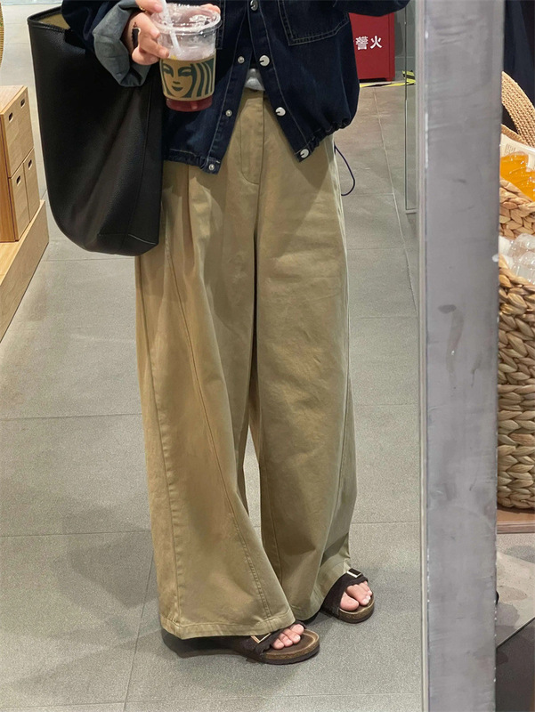 美式复古卡其色弯刀镰刀裤女春秋2025新款宽松显瘦阔腿裤拖地裤子|undefined