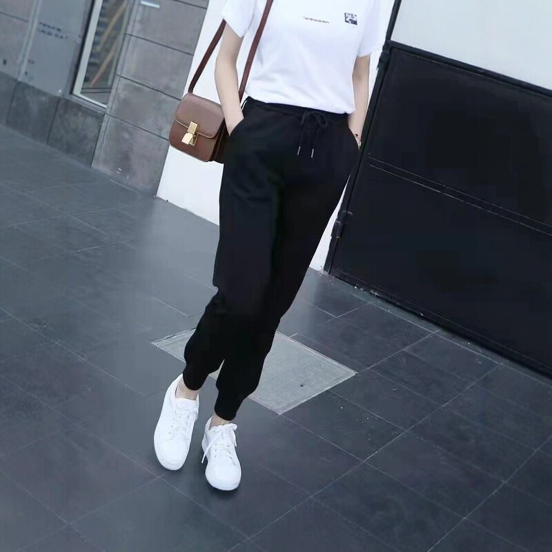 Black loose-fitting jogger casual pants for women, spring and autumn style, versatile slimming sports pants with elastic waist, American-style long pants