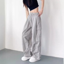 美式工装阔腿裤女夏季大码胖mm冰丝薄款速干降落伞美式运动直筒裤