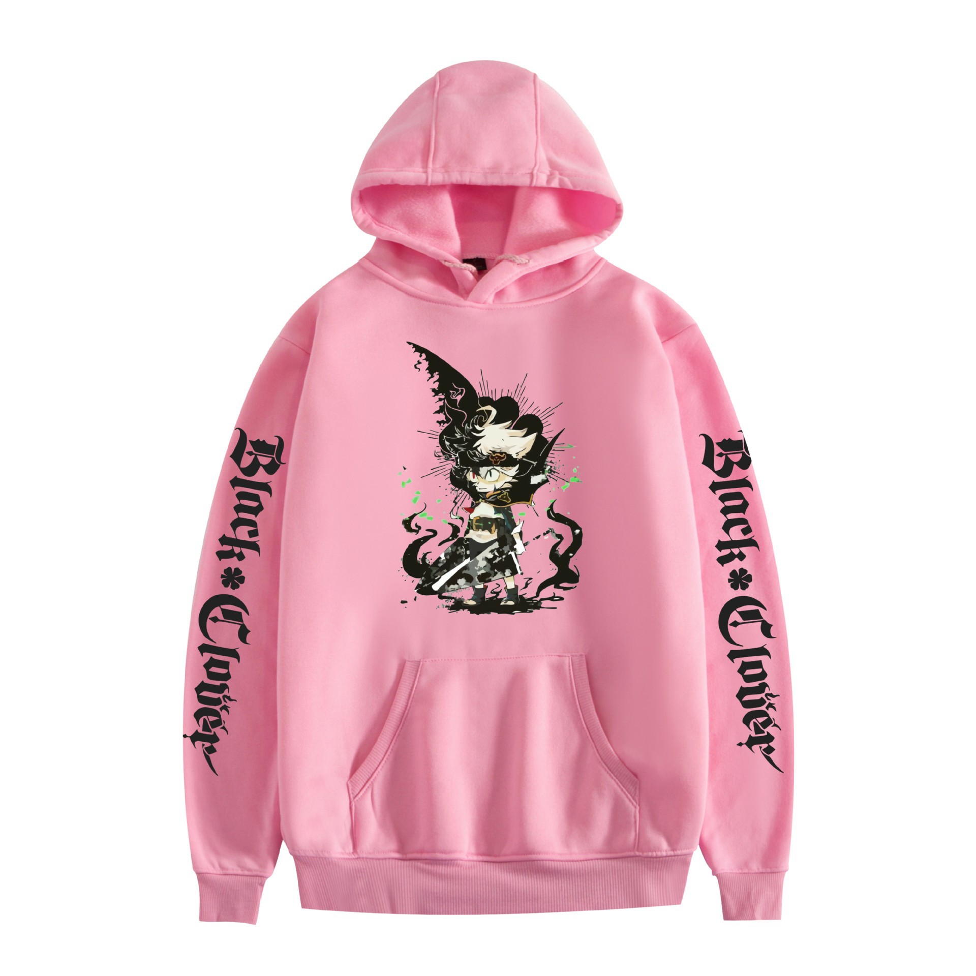 Suéter con capucha periférico de animación de trébol de cuatro hojas negro bidimensional marca de moda sudadera con capucha suelta casual más chaqueta de terciopelo nuevo