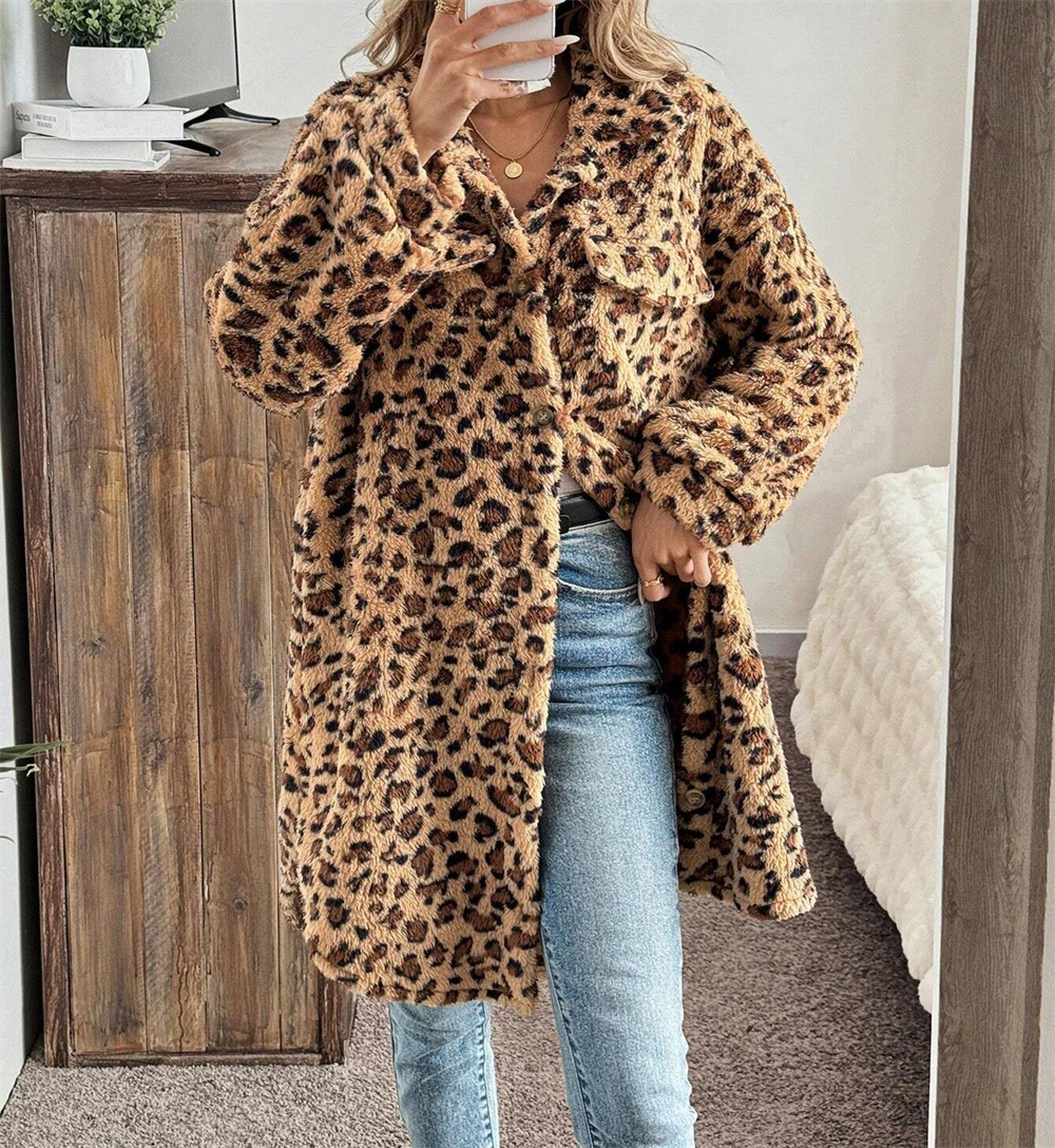 ​​Women’s Oversized Leopard Print Trench Coat – Long Sleeve Button-Up Polyester Windbreaker, Streetwear Fashion For Fall & Winter​​_voghion.com