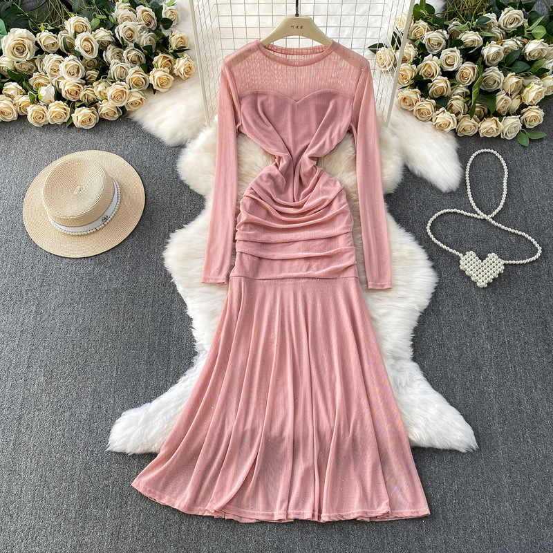 French Socialite Style Sequined Mesh Splicing Long-Sleeved Dress for Women in Autumn Pleated Waist Elegant Fishtail Long Skirt French Socialite Style Sequined Mesh Splicing Long-Sleeved Dress for Women in Autumn Pleated Waist Elegant Fishtail Long Skirt