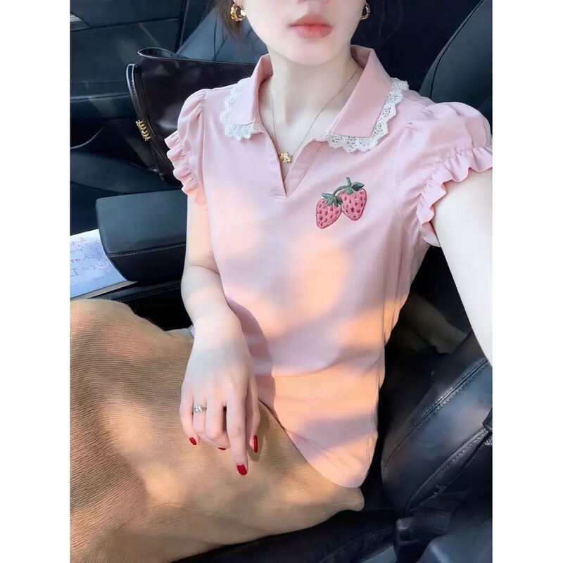 French-Style Sweet Strawberry Print Short-Sleeve Fashion Show Lace Shirt for Women, 2026 Summer, Very Stylish Top