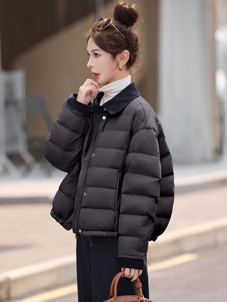 短款羽绒服女2025冬季新款时尚洋气撞色翻领90白鸭绒轻薄保暖外套