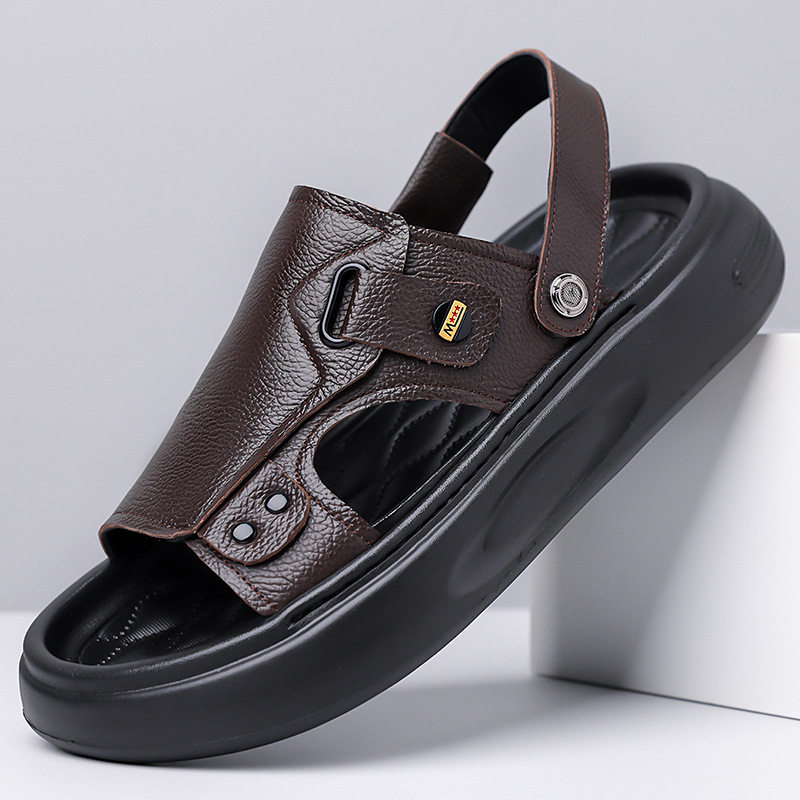 Dép sandal nam da bò lớp đầu đế dày xốp, quai hở ngón kiểu lười thoáng khí — G2S562 màu nâu, G2S562 màu đen