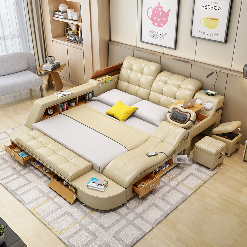 Modern Minimalist Master Bedroom Wedding Bed Smart Massage Leather Futon Sofa Bed for Export Multifunctional Double Storage Bed