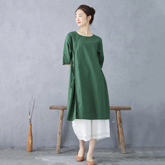 スカートの綿麻の上着の中の長いワンピースのゆったりした大きいサイズのお茶の服の復古の百合のカジュアルな緑色のtシャツの女性の夏