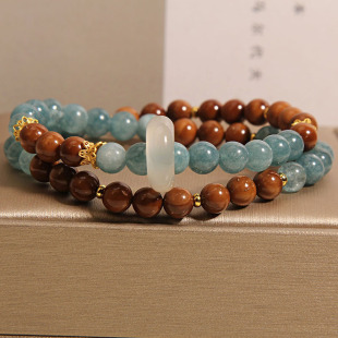 Cook Double Circle Bracelet Women's New Chinese Style Light Luxury Niche Exquisite Retro Blue Water Jade Chalcedony Running Bracelet Bracelet
