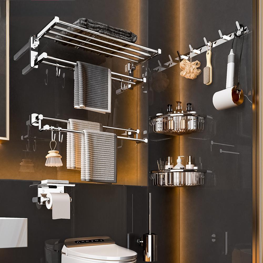 Bathroom Towel Rack All-Copper Towel Rack Bathroom Foldable Storage Rack High-End Hardware Pendant Set No Drilling Required