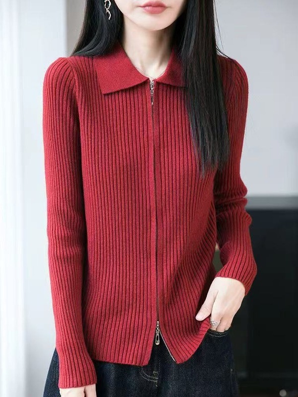 设计感双拉链针织开衫女翻领毛衣外套春秋修身显瘦长袖衬衫领上衣|undefined
