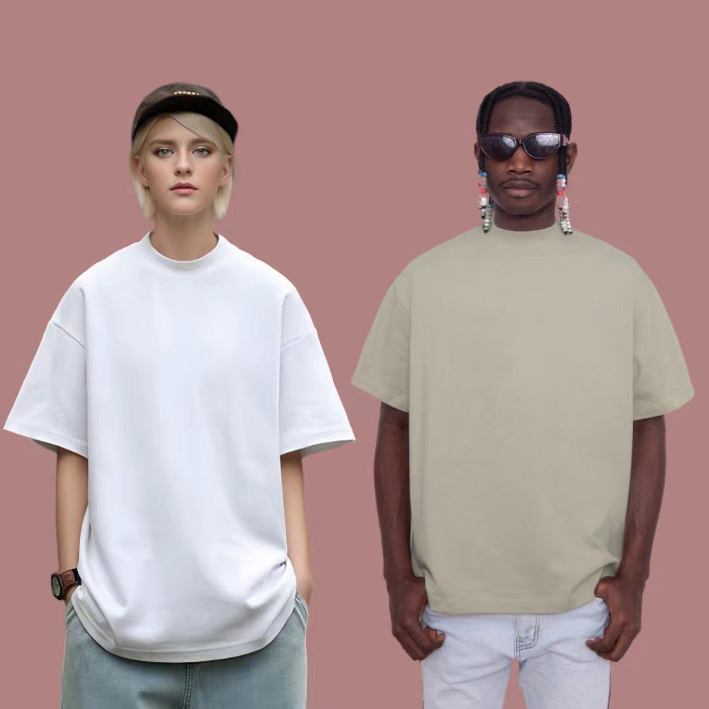 350g camiseta de manga corta transfronteriza hombre cuello pequeño color sólido suelto estilo hip-hop americano camisa de moda