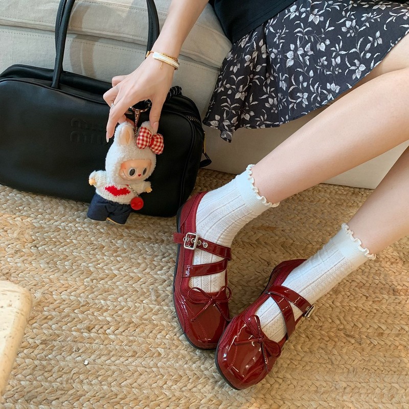 葡萄妈同款现货~交叉带软底软面一字扣带增高圆头蝴蝶结单鞋女|undefined