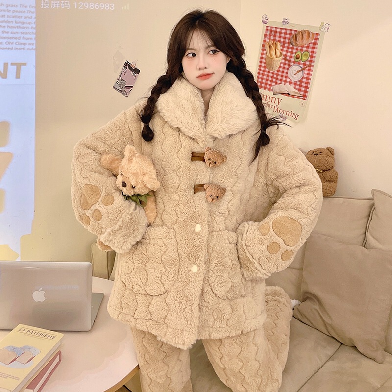 [Physical Store] Cotton Rabbit Fur Winter New Pajamas suit Women's Three-Layer Cotton Thickened Cute Home Clothes Set