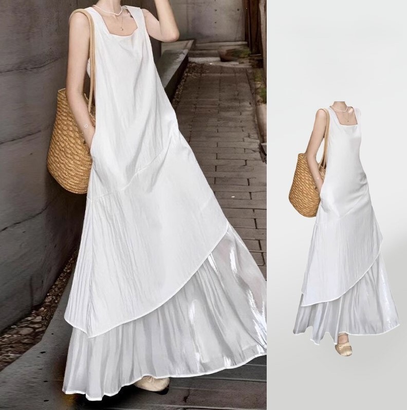 Korean Style Lazy and Irregular Design Spaghetti Strap Dress for Women, Summer 2025 New Loose Fit, Slimming and Gentle Long Dress Korean Style Lazy and Irregular Design Spaghetti Strap Dress for Women, Summer 2025 New Loose Fit, Slimming and Gentle Long Dress