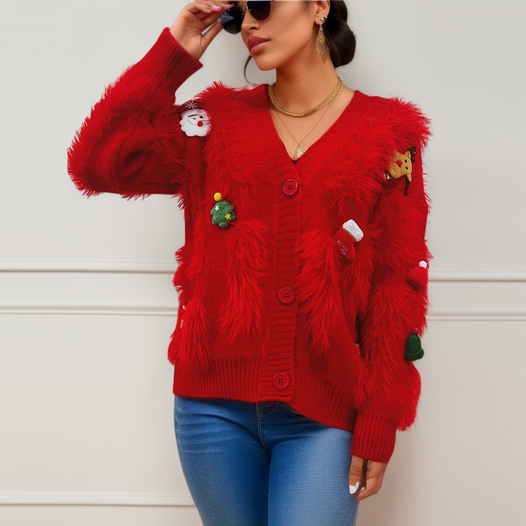 Damenbekleidung Roter Neujahrs-Weihnachtspullover Nerzsamt Weihnachts-Dreidimensionale Dekoration Einreihige Strickjacke Jacke Für Damen_voghion.com