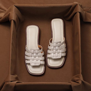 Handmade Soft Leather ~ Great Wear ~ Summer Flat Slippers Women's Outer Wear Fashionable Comfortable One-Word Mop All-Match Retro Sandals