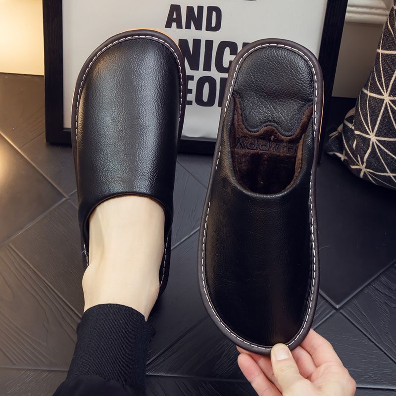 Genuine leather home slippers for men and women, autumn and winter, plush lined, non-slip, thick-soled, closed-toe slippers, couple's indoor home floor shoes