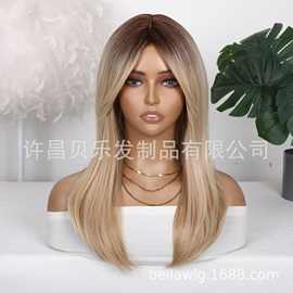 外贸假发女亚马逊热卖机制仿真发块八字刘海自然蓬松倒毛工艺18in