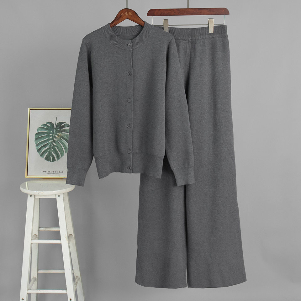 Bộ len dệt kim nữ áo cardigan tay dài quần dài màu trơn — Màu nâu, màu xám, mơ chi tiết 6