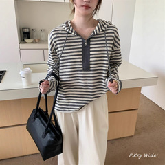 013 秋装新款撞色拉链连帽女式套头长袖打底衫条纹百搭T恤女宽松