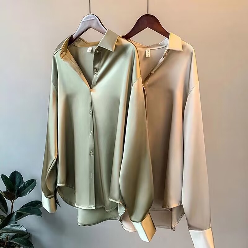 Damenbekleidung Langarm-Satinhemd Damen-Design Nische Frühling und Herbst neuer Stil vielseitig drapiertes Retro-Hemd im Hong Kong-Stil_voghion.com