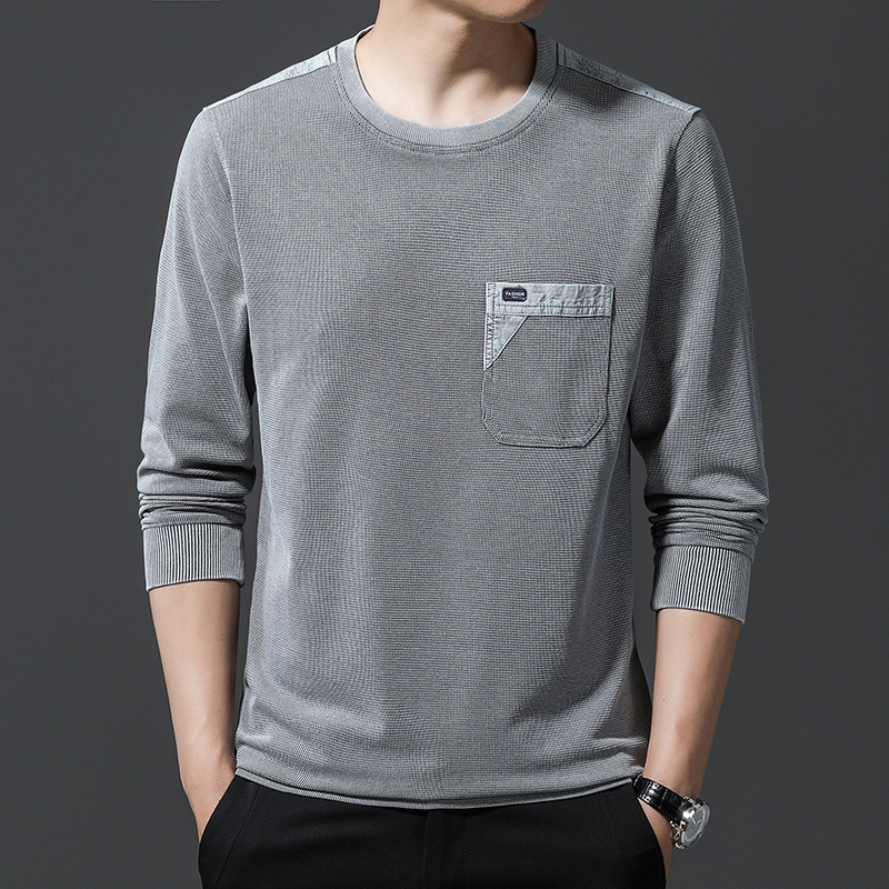 中老年真口袋棉质t恤男长袖圆领春秋薄款水洗棉带兜卫衣男打底衫