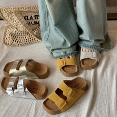 秒發！葡萄媽同款鞋懶人一腳蹬雙排扣沙灘厚底涼拖勃肯鞋女夏