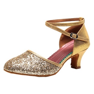 Latin Dance Shoes Adult Women's Mid-heel Square Dance Shoes Autumn Social Dance Shoes Anti-slip Belt Sequin Soft Sole Dance Shoes