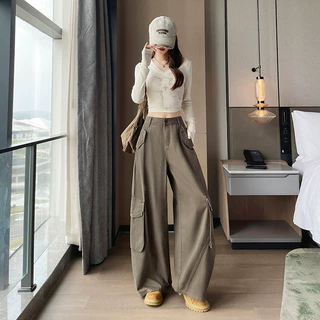 辣妹休闲工装裤牛仔裤女春季新款美式高腰显瘦百搭喇叭拖地裤